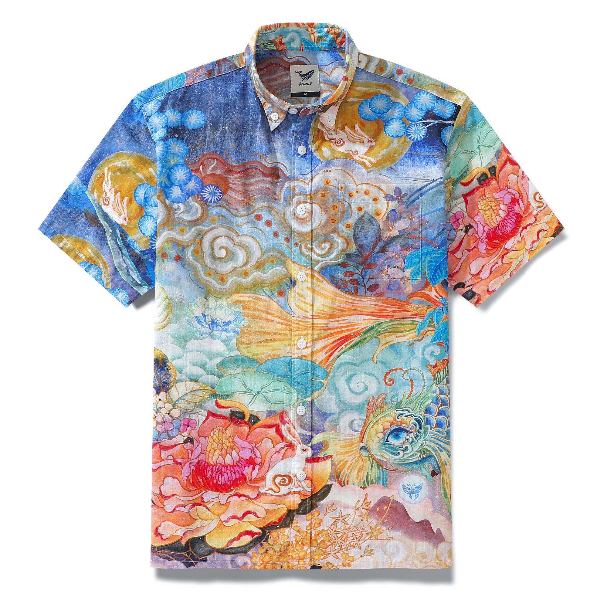 Camisa Aloha de Algodón Azul para Hombre Yiume con Diseño de Koi Errante entre Nubes