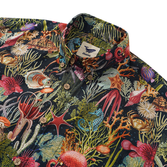 Men's Hawaiian Shirt Short Sleeve Button-down 100% Cotton Green Aloha Ocean Dreams