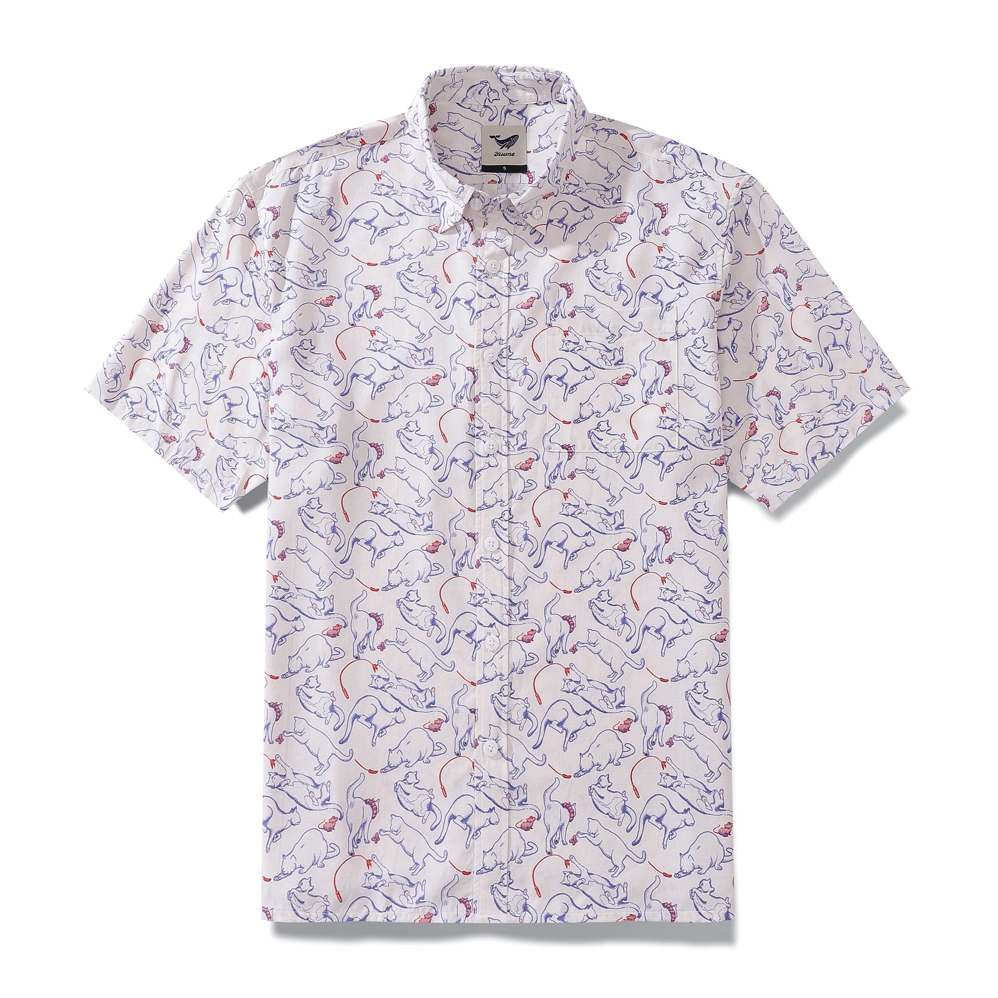 バレンタインメンズハワイアンキャットゲームプリントボタン半袖AlohaシャツTencel™