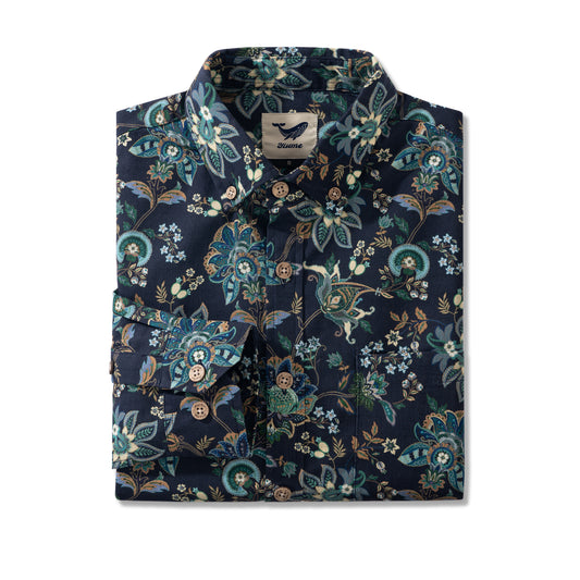 Hawaiian Artisan Shirts Black Fantasy Flowers 100% Cotton Men's Long Sleeve Button-down Shirt Green Aloha Hawaiian