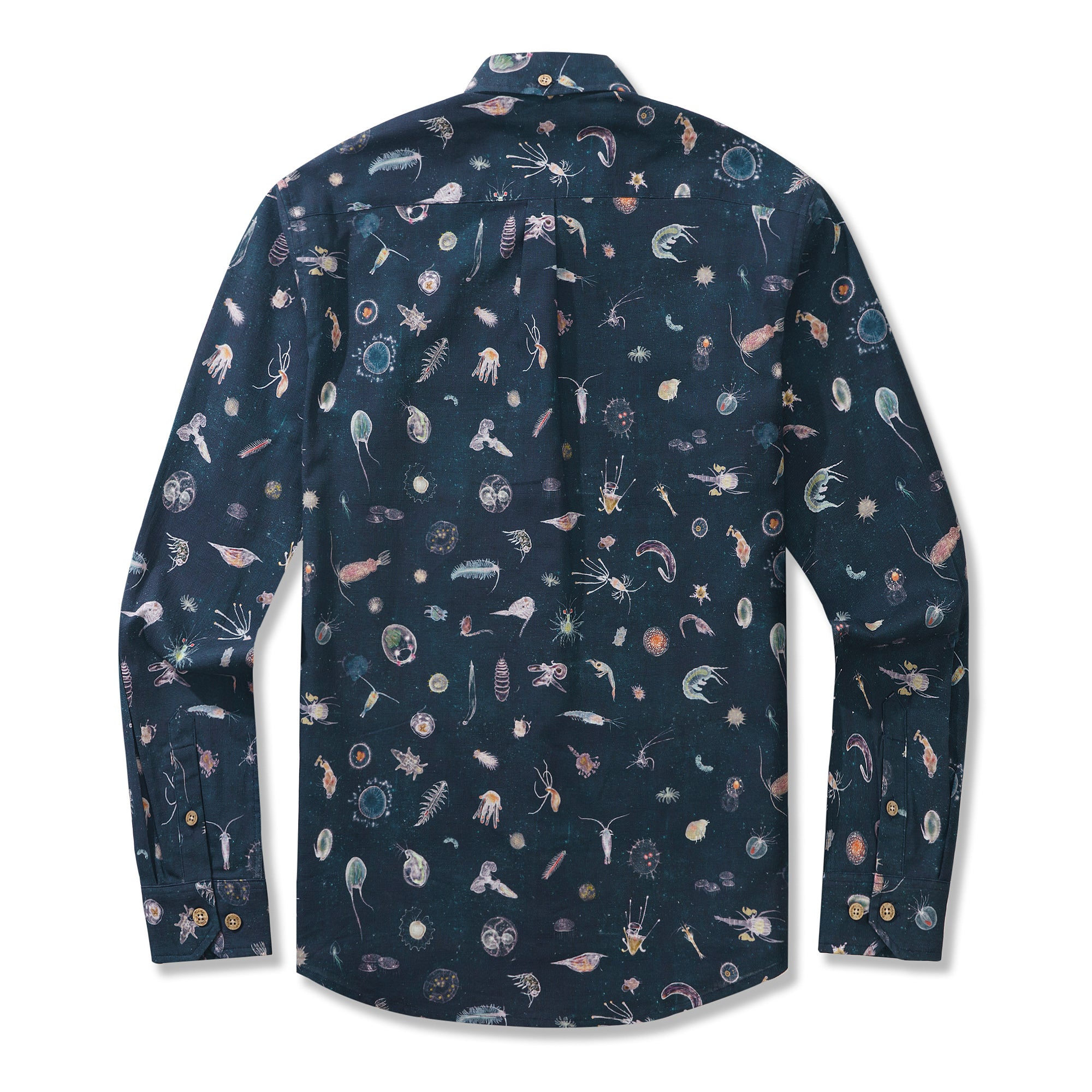 Plankton By Katherine Quinn 100% Cotton Men's Long Sleeve Button-down Shirt Blue Aloha Hawaiian