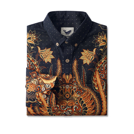 Phoenix Rebirth 100% Cotton Men's Long Sleeve Button-down Shirt Aloha Hawaiian