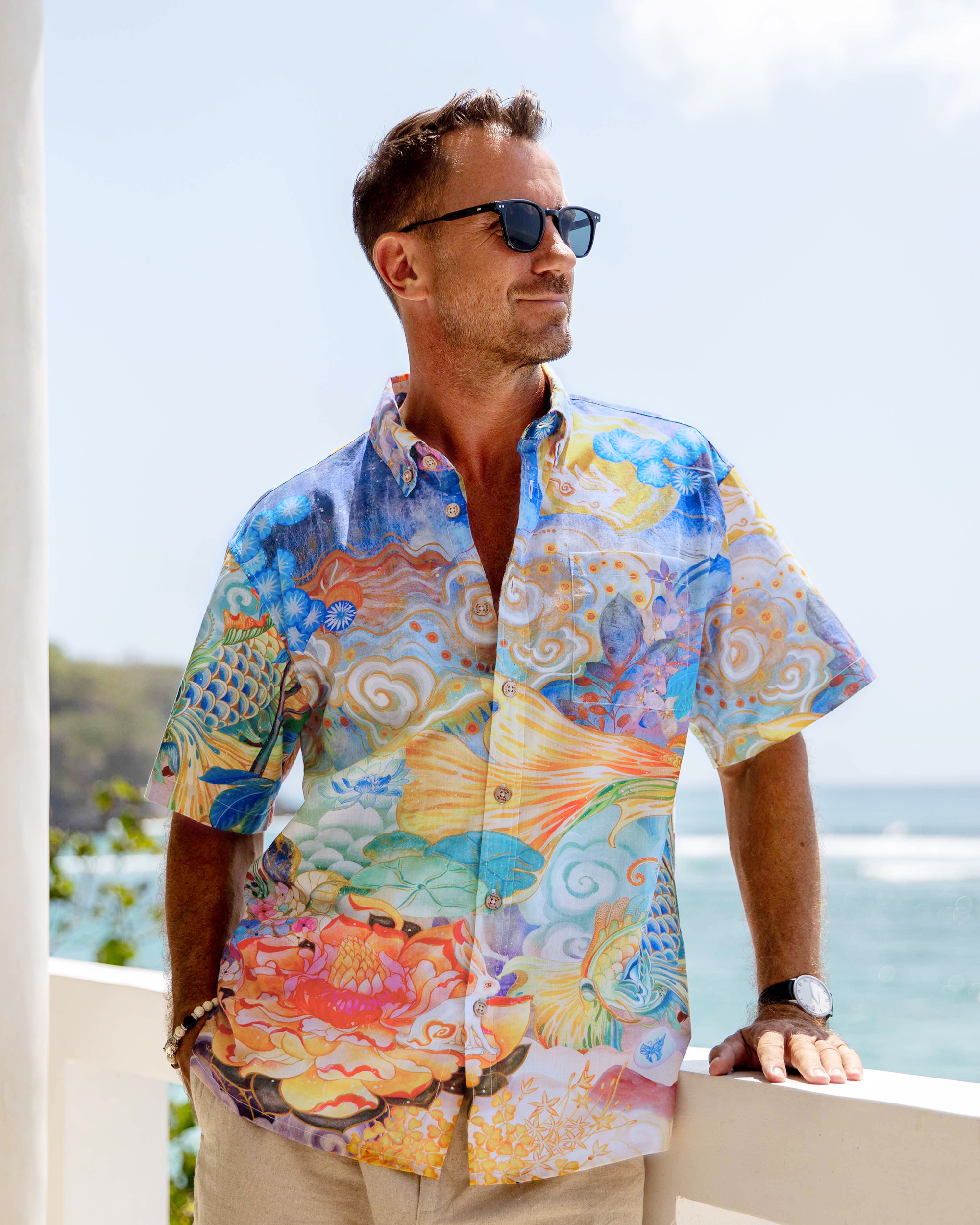 Camisa Aloha de Algodón Azul para Hombre Yiume con Diseño de Koi Errante entre Nubes