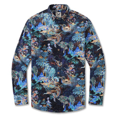 Camisa hawaiana para hombre de los años 50 Vintage Harmony in Azure de algodón de manga larga Aloha