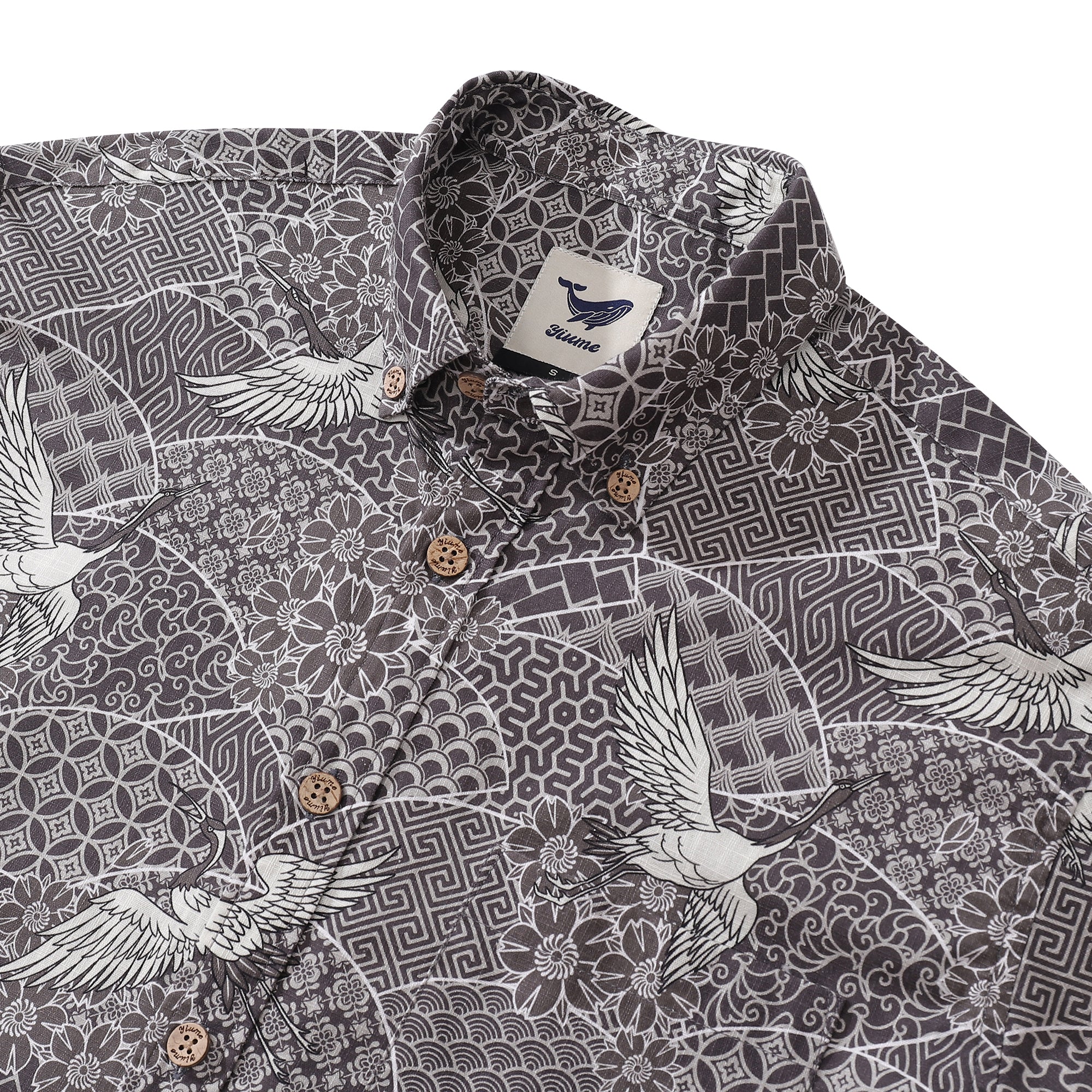 Long Sleeve Hawaiian Shirt For Men Cranes Soaring Auspicious Patterns Cotton Button-down Aloha Shirt