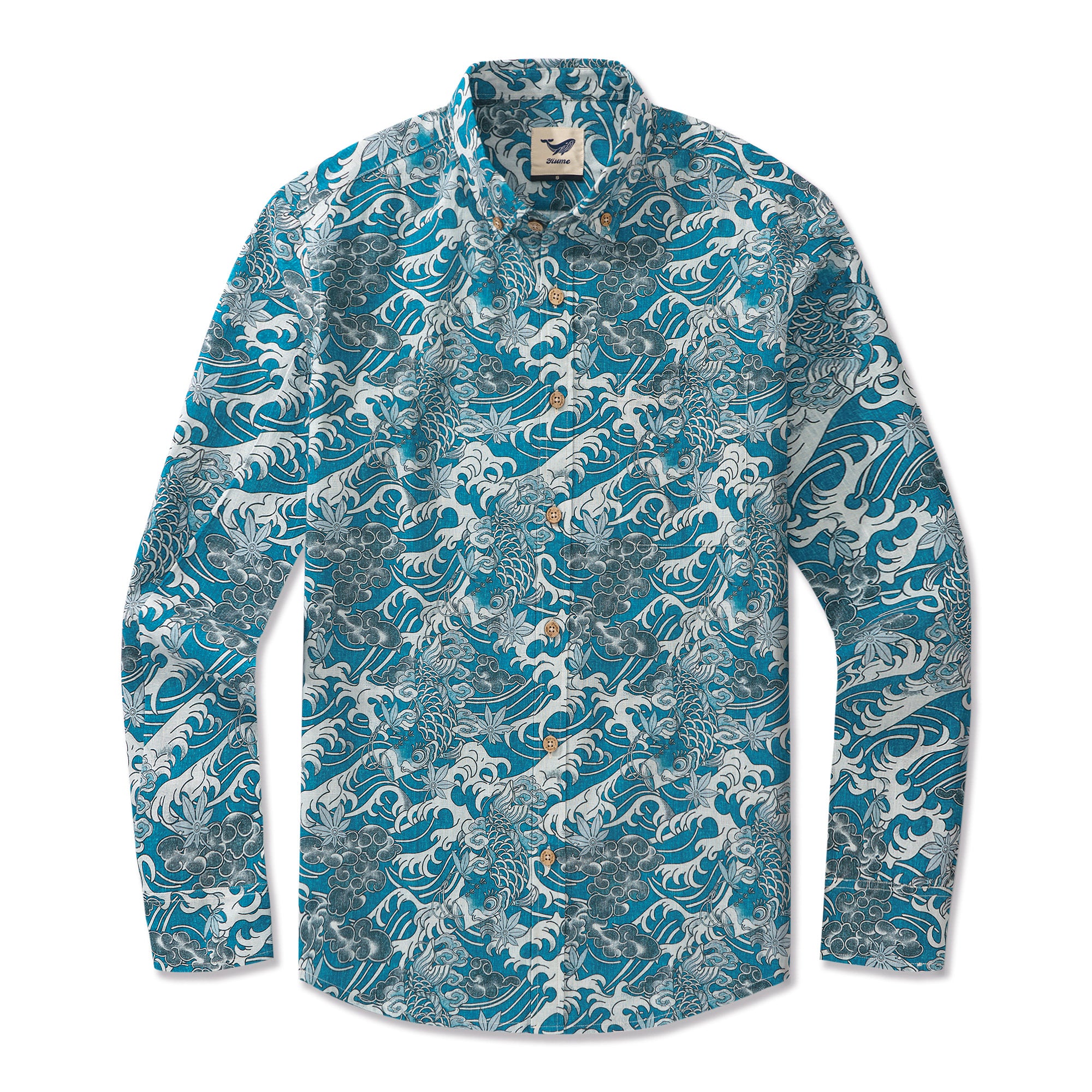 Koi Dance in the Clouds 100% Cotton Men's Aloha Hawaiian Long Sleeve Button-down Shirt