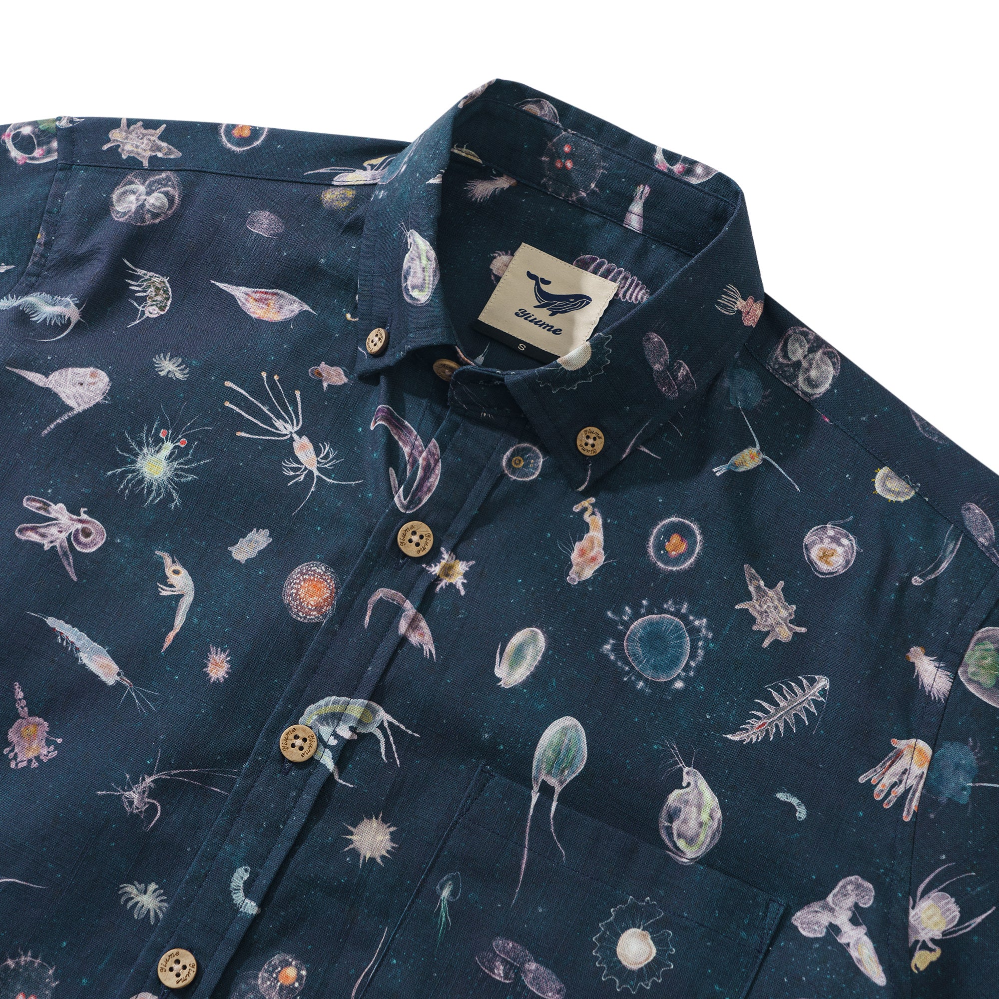 Plankton By Katherine Quinn 100% Cotton Men's Long Sleeve Button-down Shirt Blue Aloha Hawaiian