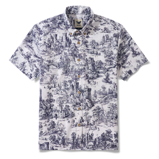 Medieval Castle Landscape Shirt 100% Cotton Men's Short Sleeve Button-down Shirt White Aloha Hawaiian