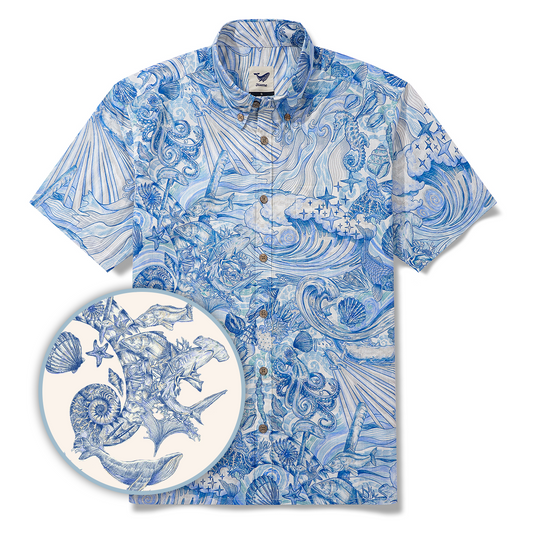 Men's Hawaiian Shirt Short Sleeve Button-down 100% Cotton Blue Aloha Dreamy Ocean