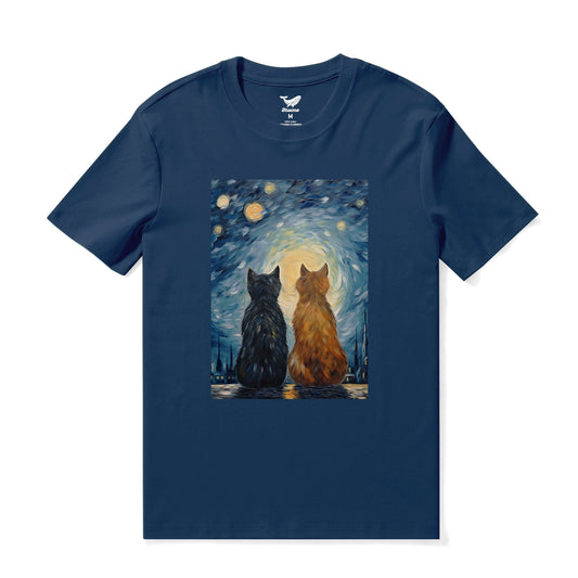 Tee Hawaïen Pour Hommes Cats In Love Van Gogh Tee Crew Neck 100% Coton - BLEU MARINE