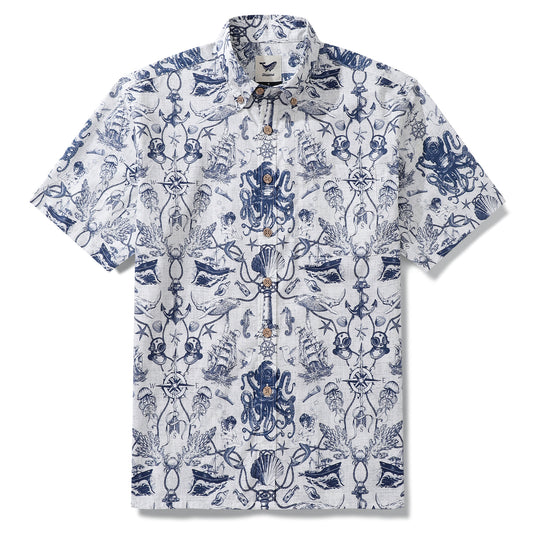 Hawaiian Shirt For Men Marine Exploration Map Button-down Shirt Short Sleeve 100% Cotton Shirt