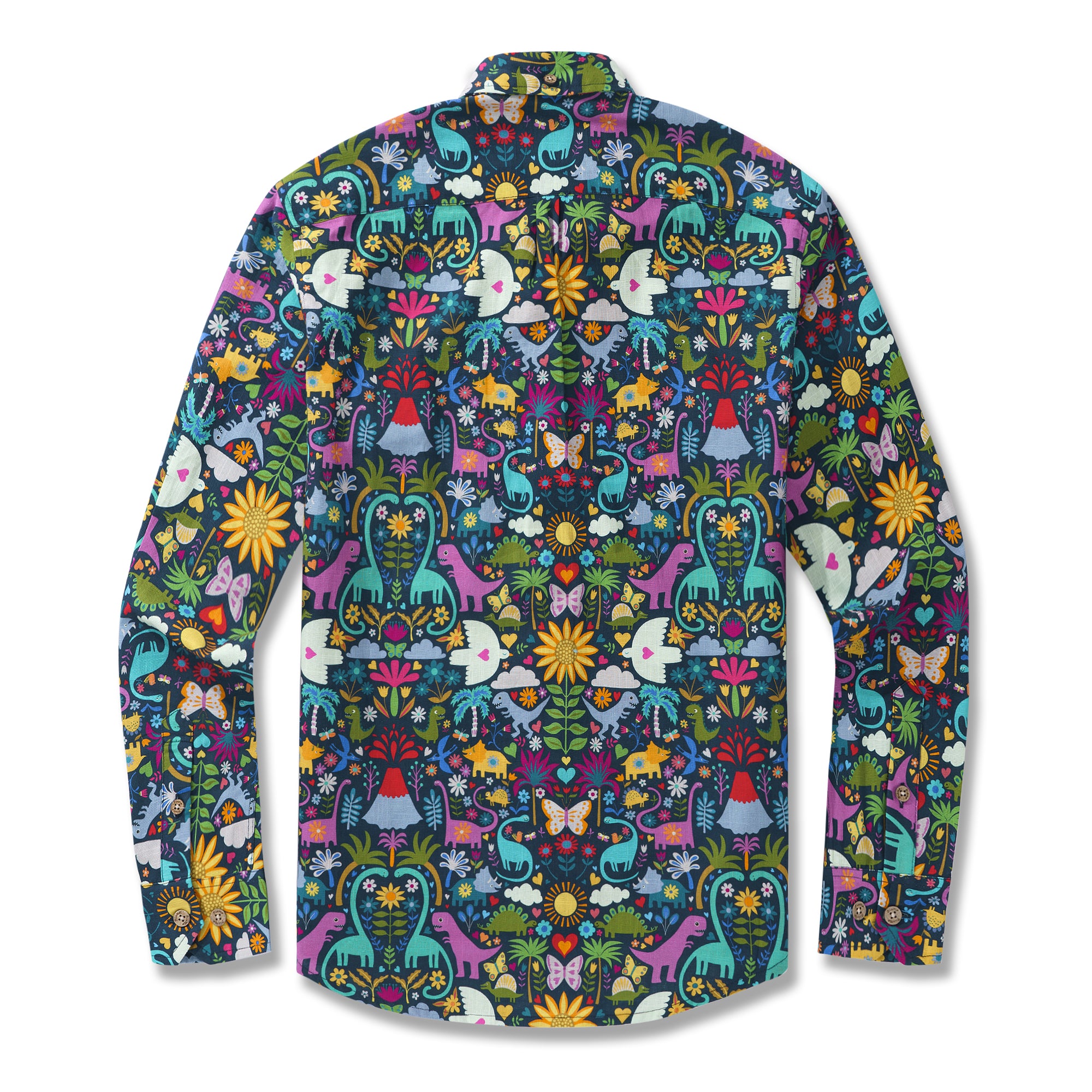 Peace Love and Dinosaurs By Cecca Designs 100% Cotton Men's Aloha Hawaiian Long Sleeve Button-down Shirt