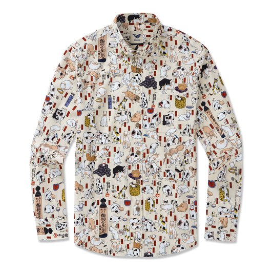 Tokaido 53 Station Cats Collection 100% Cotton Men's Aloha Hawaiian Long Sleeve Button-down Shirt