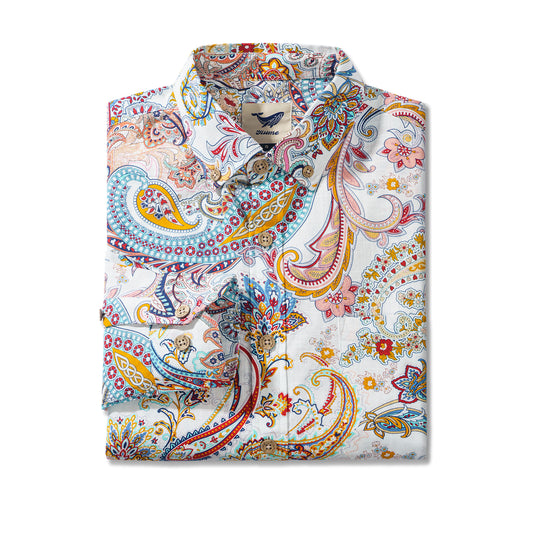 Dance of Paisley 100% Cotton Men's Long Sleeve Button-down Shirt White Aloha Hawaiian