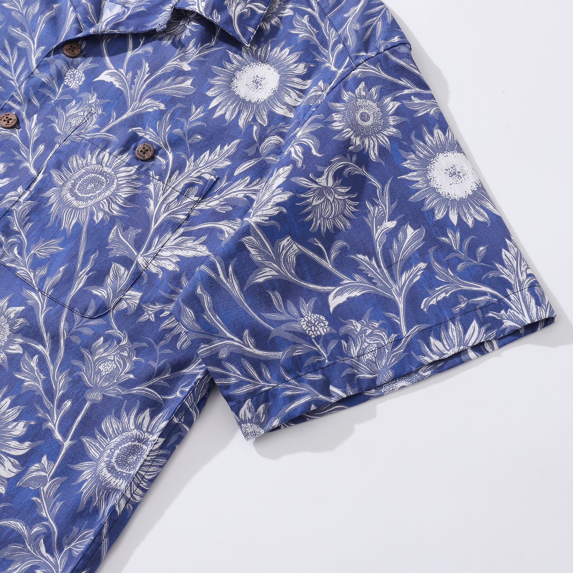 Hawaiian Shirt For Men Blue and White Porcelain Sunflower Camp collar Short Sleeve 100% Cotton Shirt