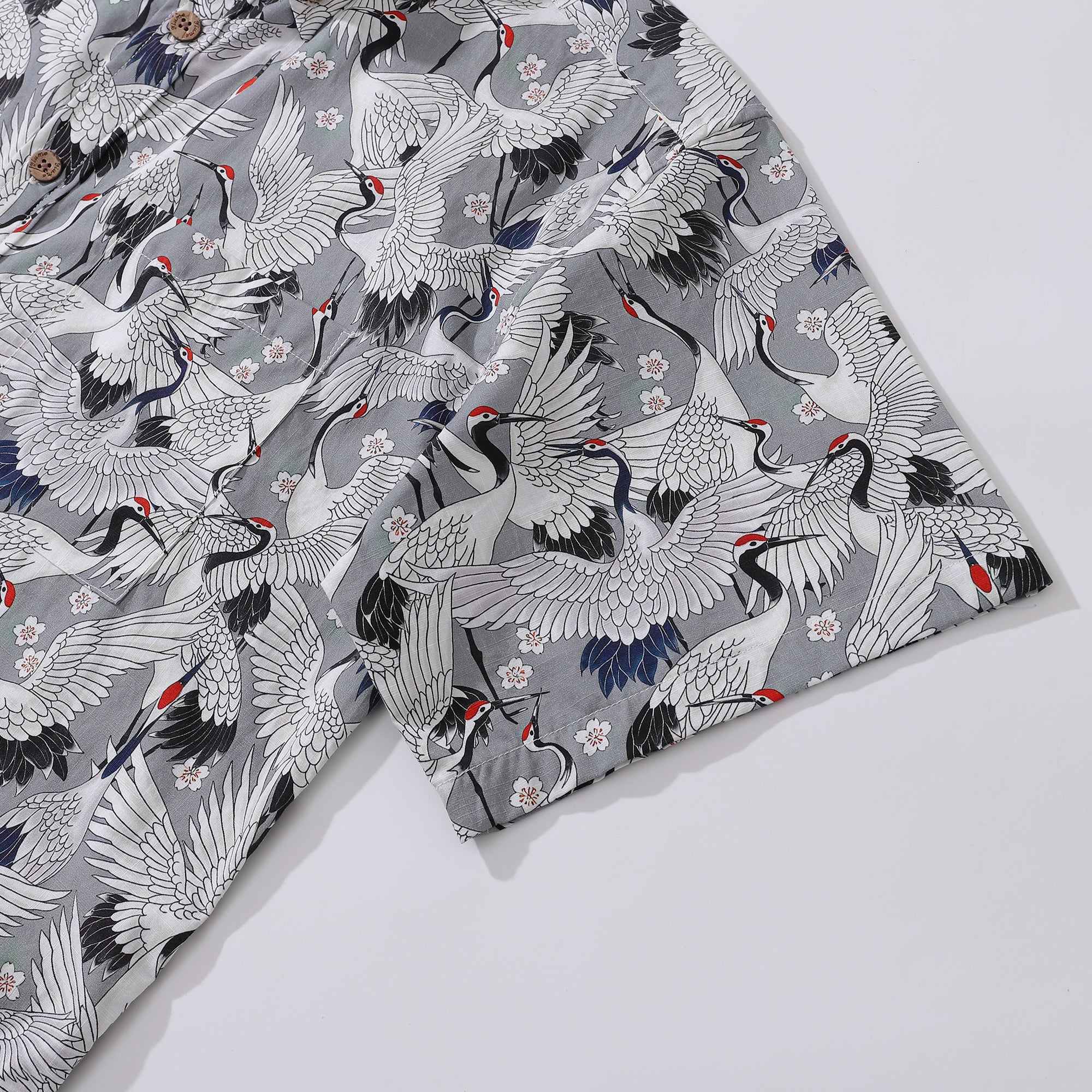 Hawaiian Shirt For Men Grey Crane 100% Cotton Shirt Button-down Short Sleeve Shirt