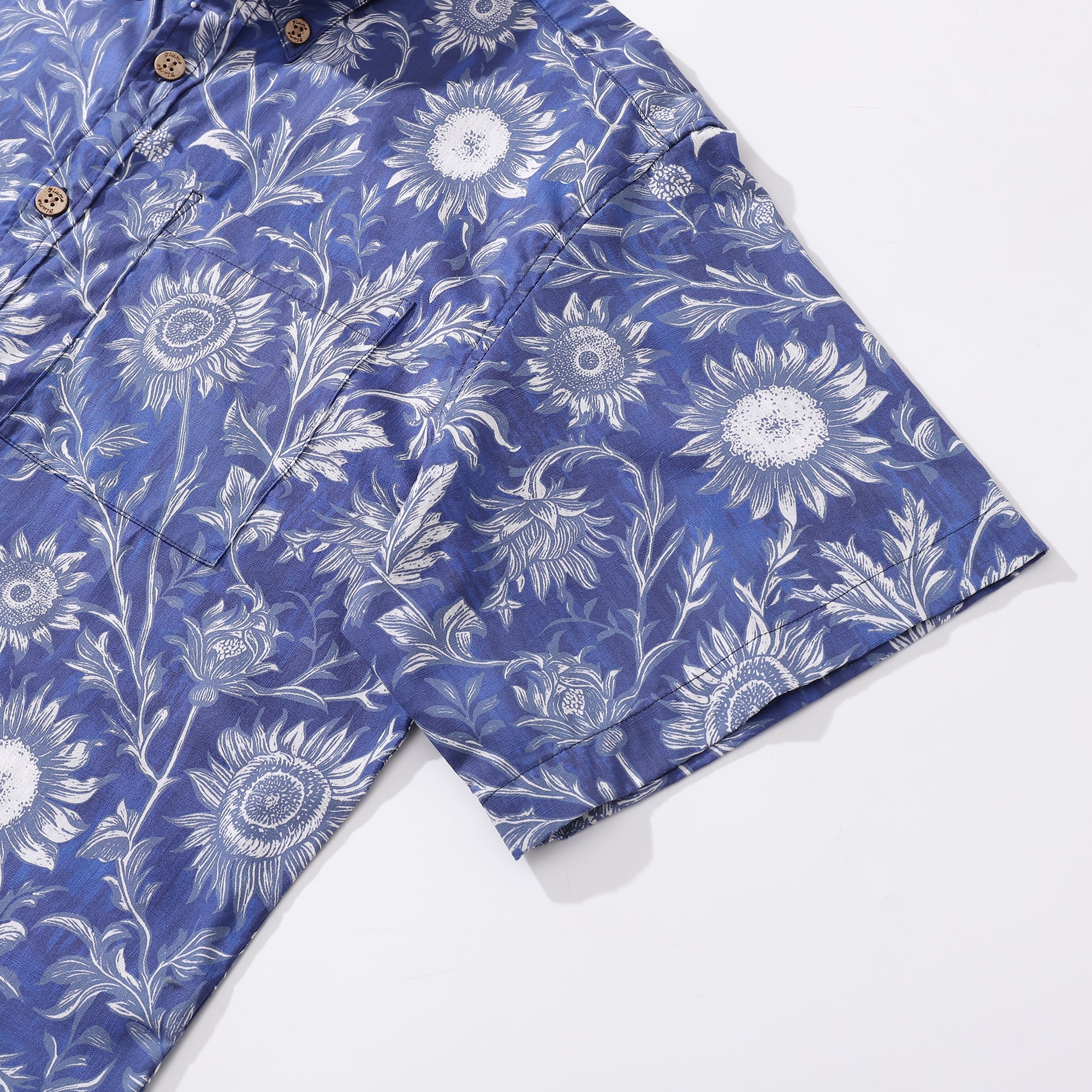 Hawaiian Shirt For Men Blue and White Porcelain Sunflower Button-down Short Sleeve 100% Cotton Shirt