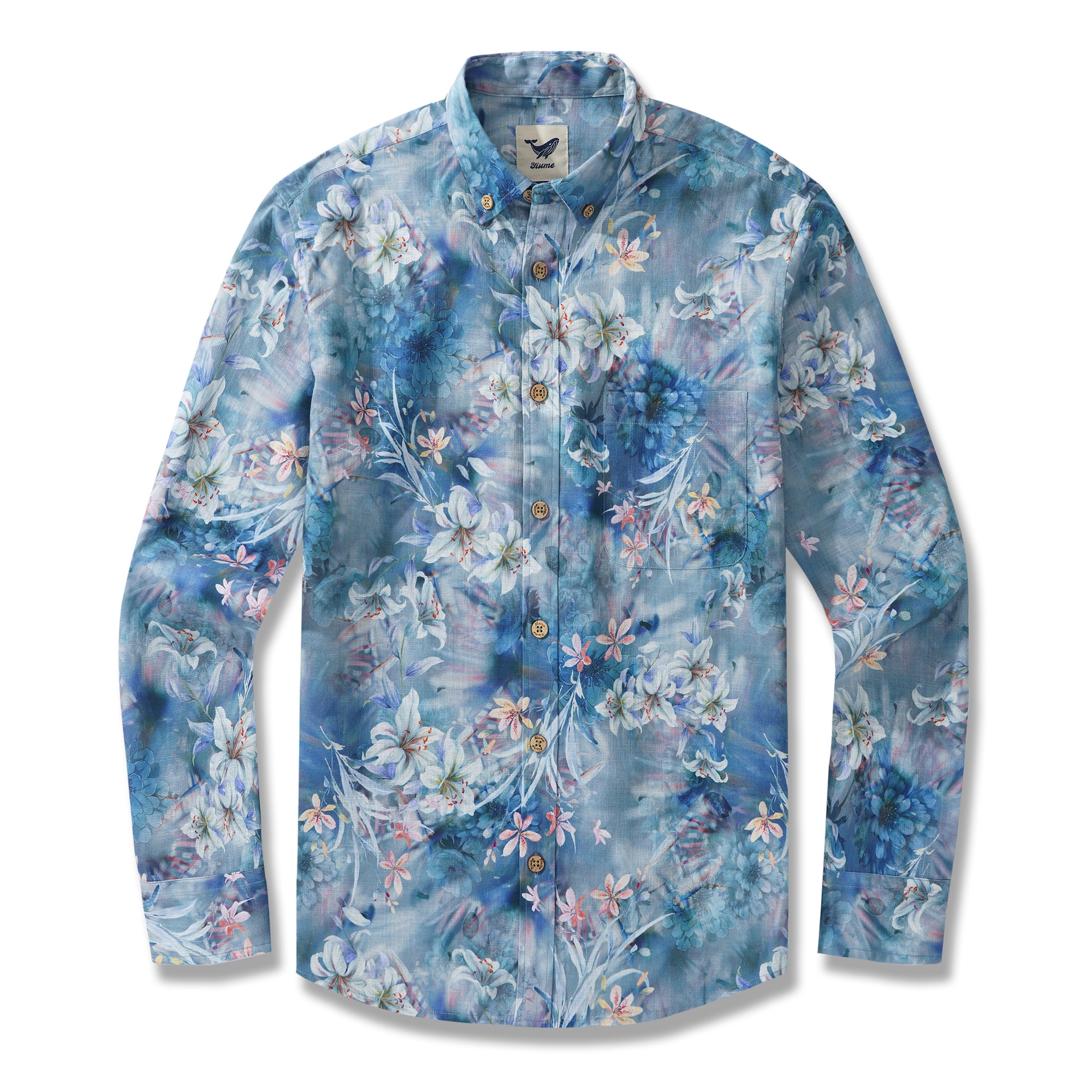 Cloud Floral Whispers 100% Cotton Men's Aloha Hawaiian Long Sleeve Button-down Shirt customized