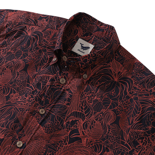 Red Hawaiian Shirt For Men Birds Print Button-down Short Sleeve 100% Cotton Shirt