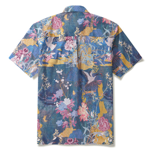 Pastel Oriental Tapestry - Elegant Chinese-Inspired Weaving 100% Cotton Men's Aloha Hawaiian Short Sleeve Button-down Shirt