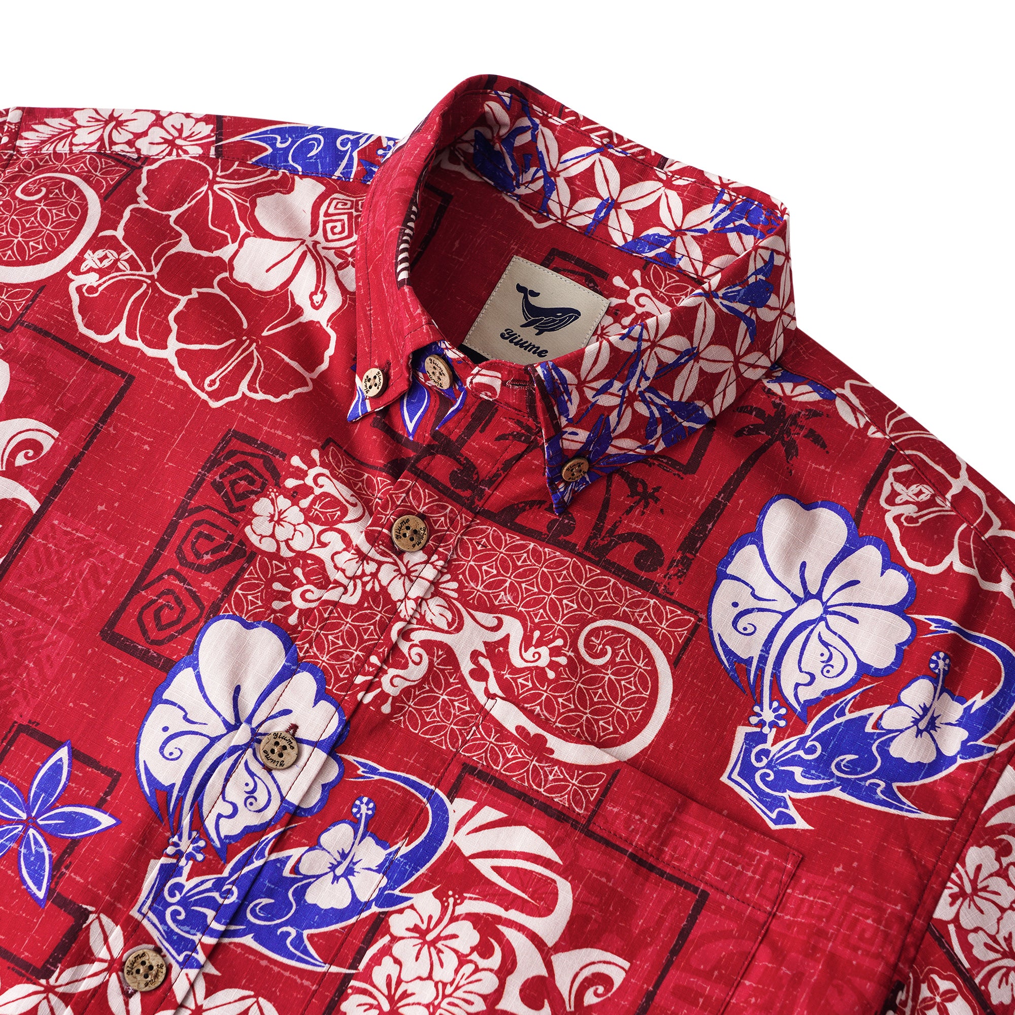 Romantic Hawaiian Vibes 100% Cotton Men's Short Sleeve Button-down Shirt Red Aloha Hawaiian