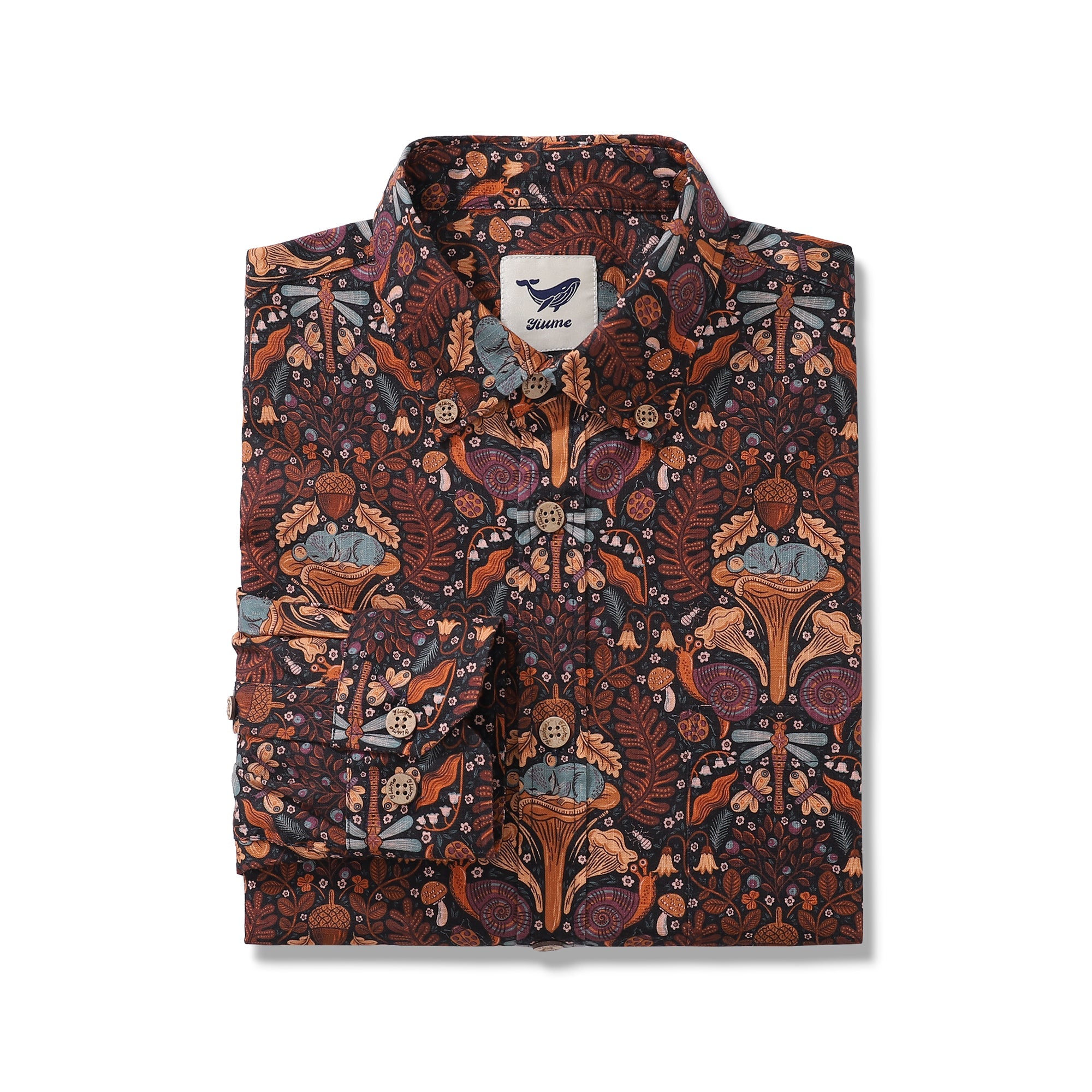Camisa Hawaiana de Manga Larga para Hombre Chanterelle Forest Naptime de Rebecca Elfast Camisa Aloha de Algodón con Botones