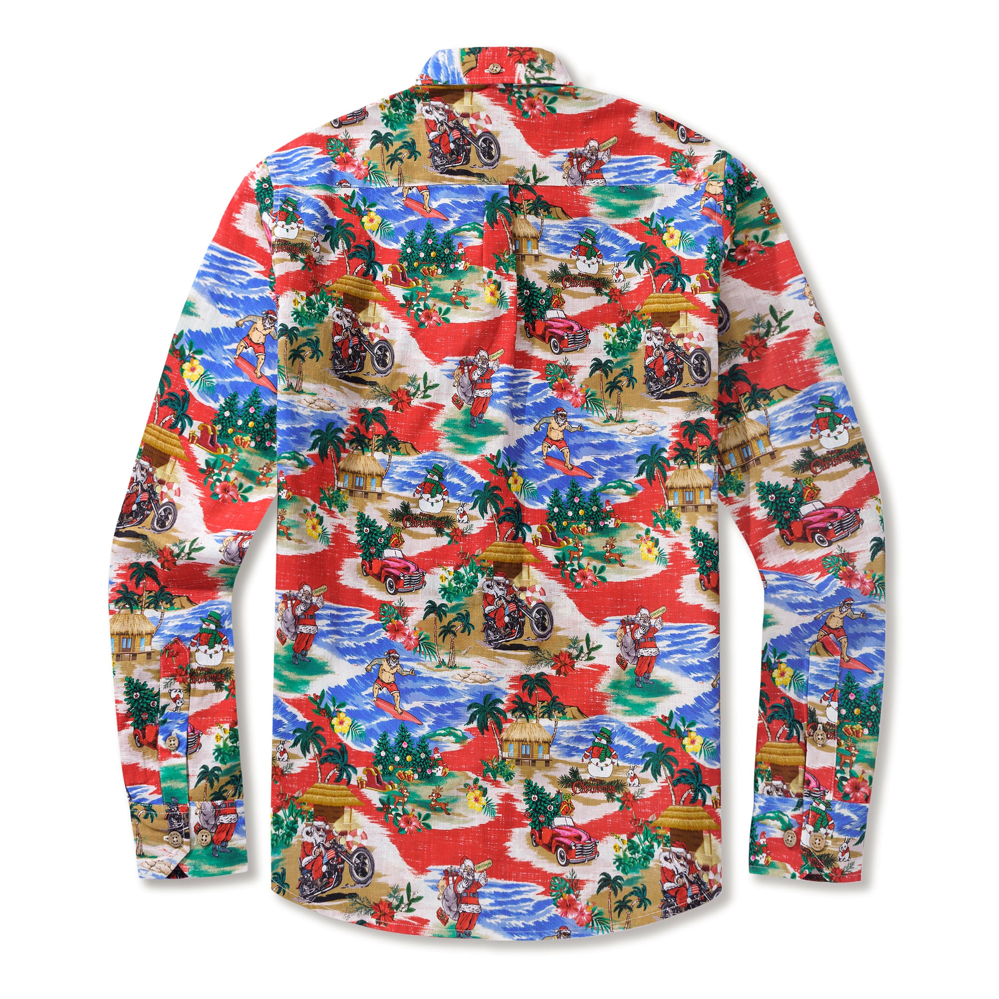 Christmas Long Sleeve Hawaiian Shirt For Men Santa Claus on a Harley 100% Cotton Button-down Aloha Shirt