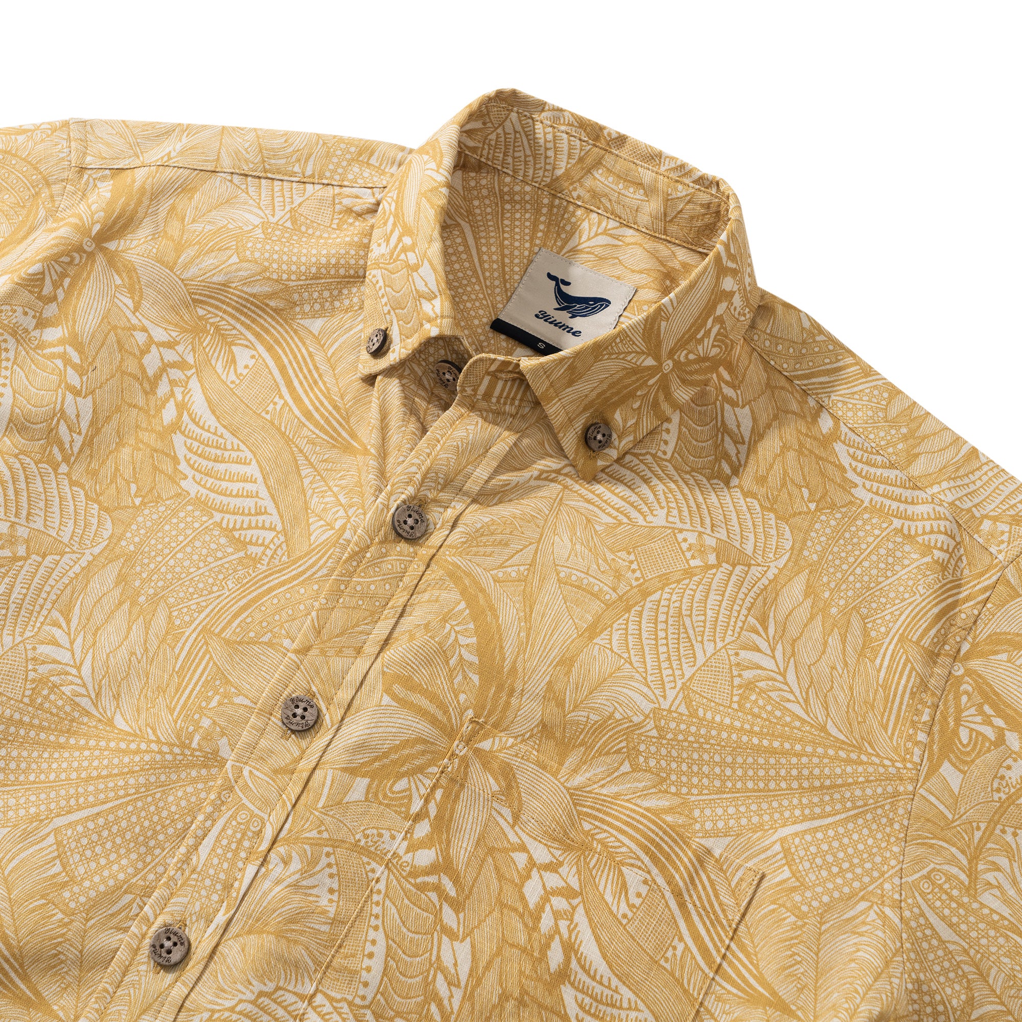 Tropical Golden Feather Dream 100% Cotton Men's Long Sleeve Button-down Shirt Aloha Hawaiian