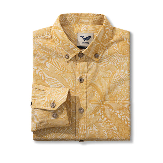 Tropical Golden Feather Dream 100% Cotton Men's Long Sleeve Button-down Shirt Aloha Hawaiian