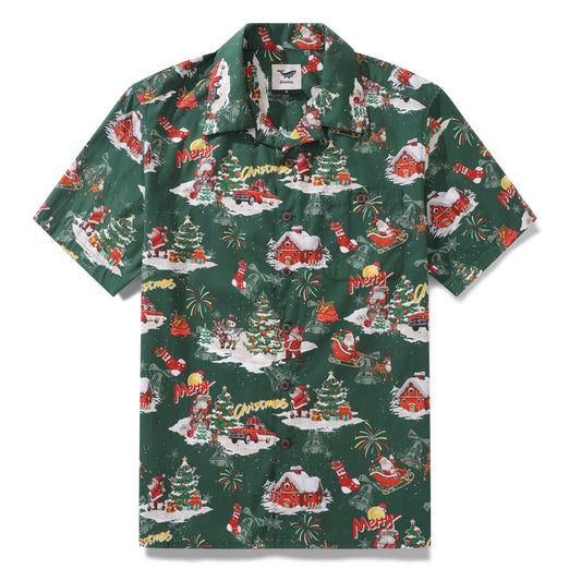 Chemise hawaïenne pour hommes, un réveillon de noël, en coton imprimé neige, col camp, manches courtes, chemise Aloha