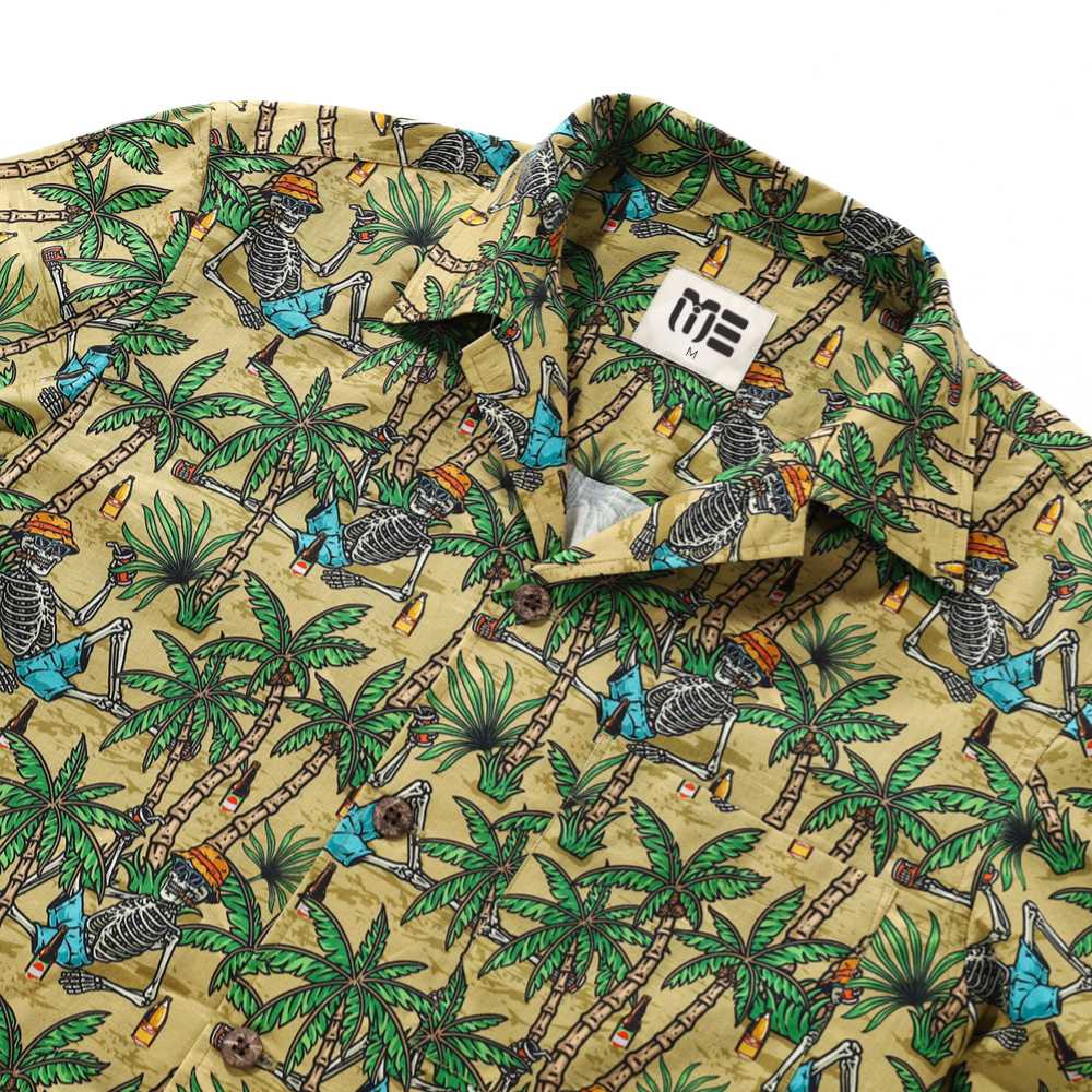 Yiume Straw Hat Skeleton Coconut Tree Hawaiian Short Sleeve Shirts 100% Cotton