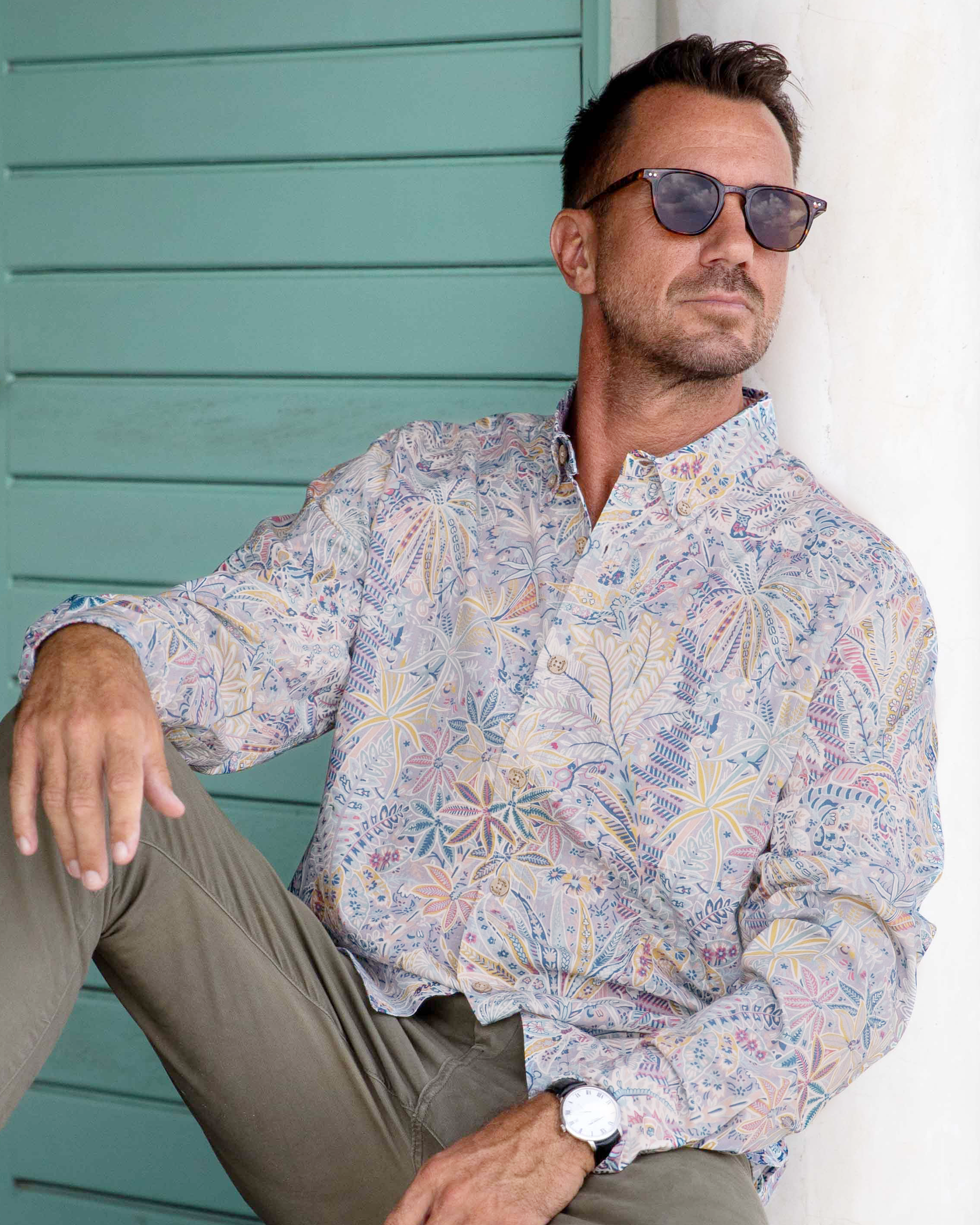 Camisa Hawaiana para Hombre con Estampado de Palmas Tropicales de Algodón, Botones y Manga Larga Aloha