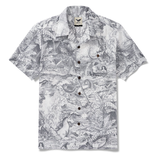 Men's Hawaiian Shirt Short Sleeve Camp Collar 100% Cotton Gray Aloha Ocean Spirit