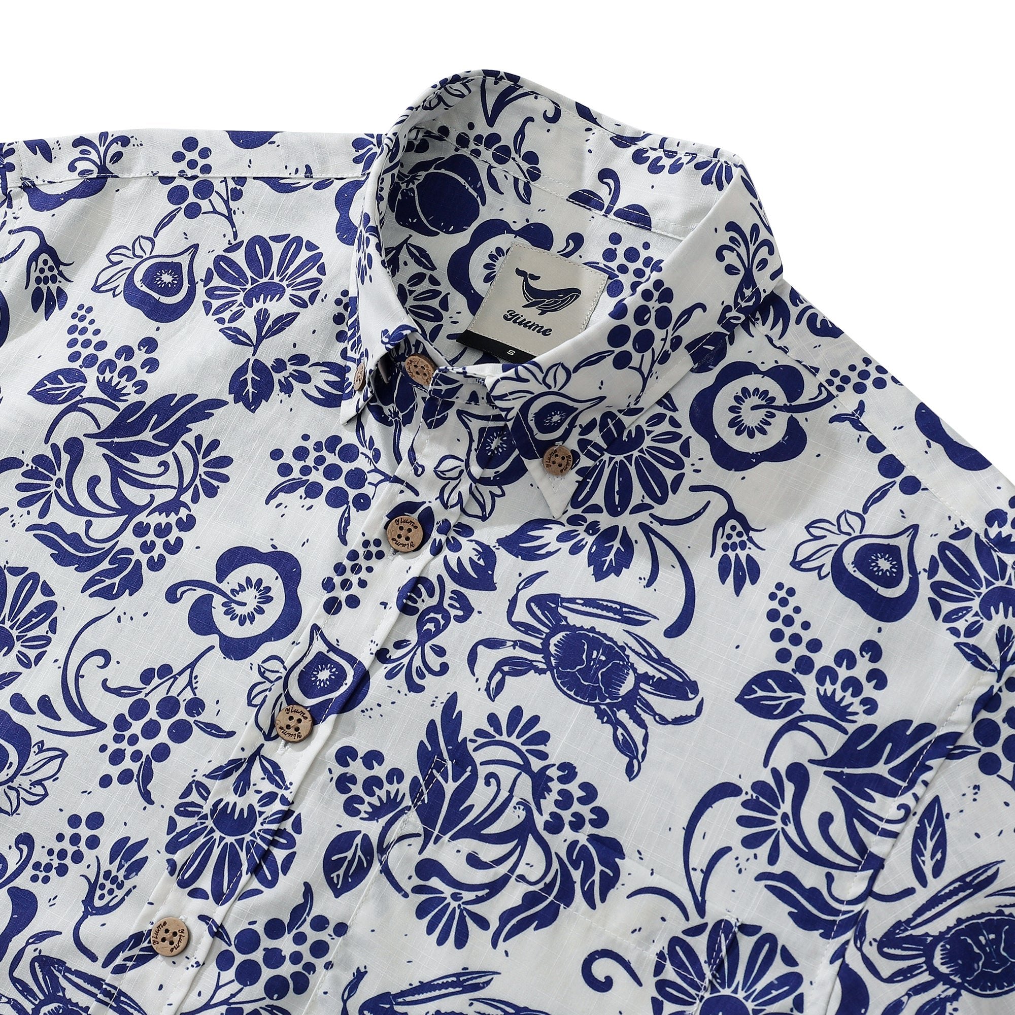 Camisa de Hombre de Botones 100% Algodón con Estampado Tropical de Higos y Cangrejos