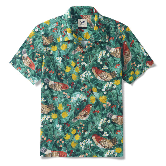 Autumn Birds By Katie Wilson 100% Cotton Men's Short Sleeve Camp Collar Shirt Aloha Hawaiian