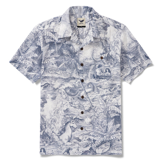 Men's Hawaiian Shirt Short Sleeve Camp Collar 100% Cotton Blue Aloha Ocean Muse