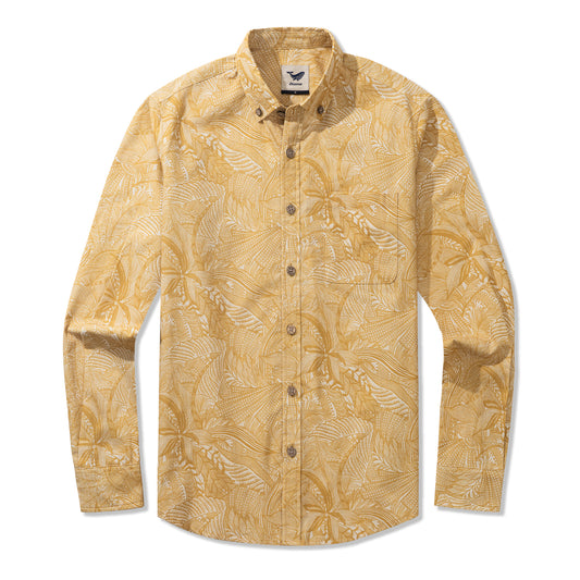 Tropical Golden Feather Dream 100% Cotton Men's Long Sleeve Button-down Shirt Aloha Hawaiian