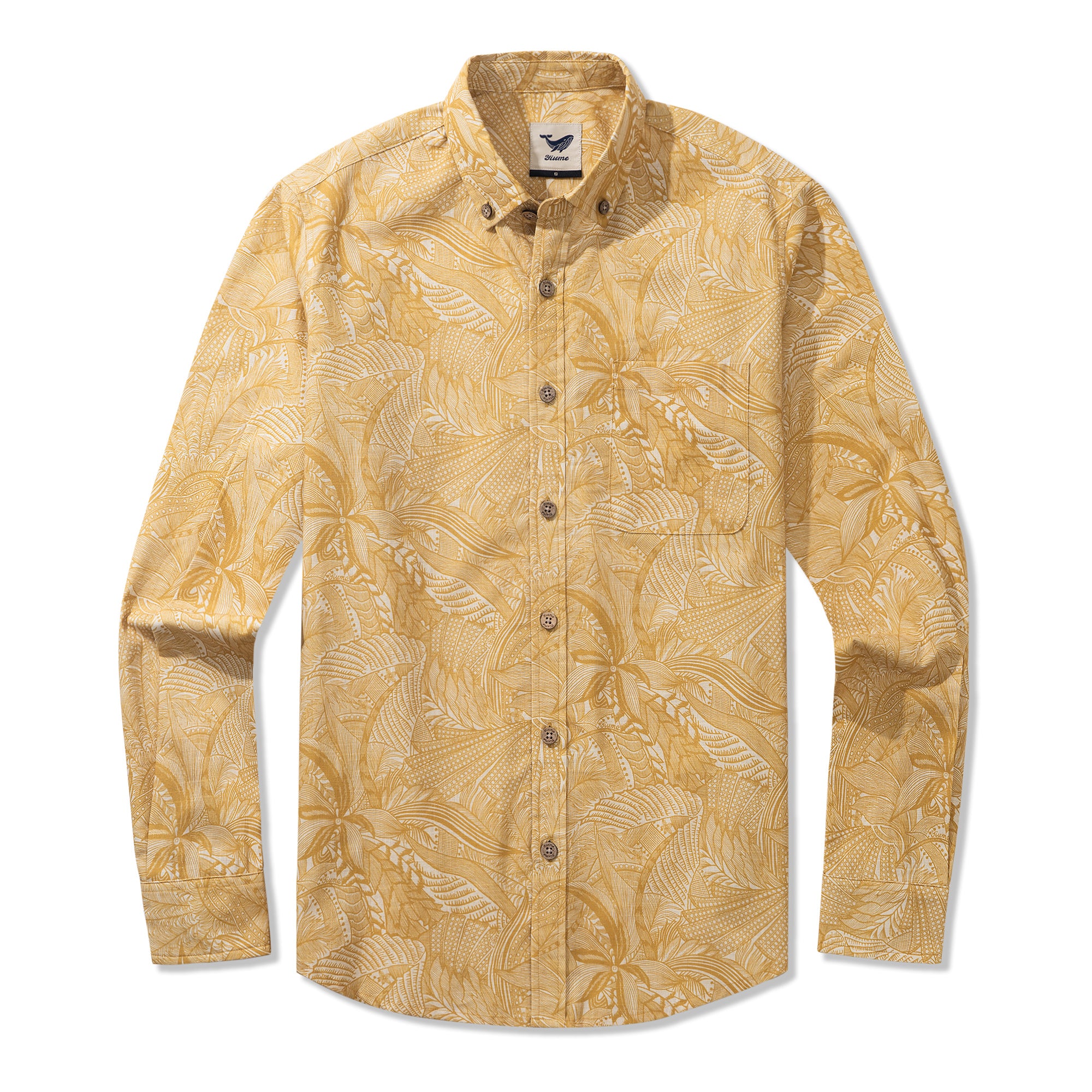 Tropical Golden Feather Dream 100% Cotton Men's Long Sleeve Button-down Shirt Aloha Hawaiian