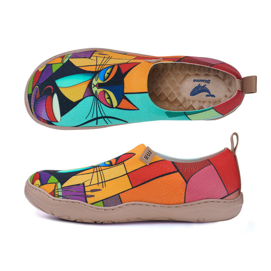 Women's foldable Loafers Colorful Geometric Cat Sneaker Painted Canvas Slip-On Shoes