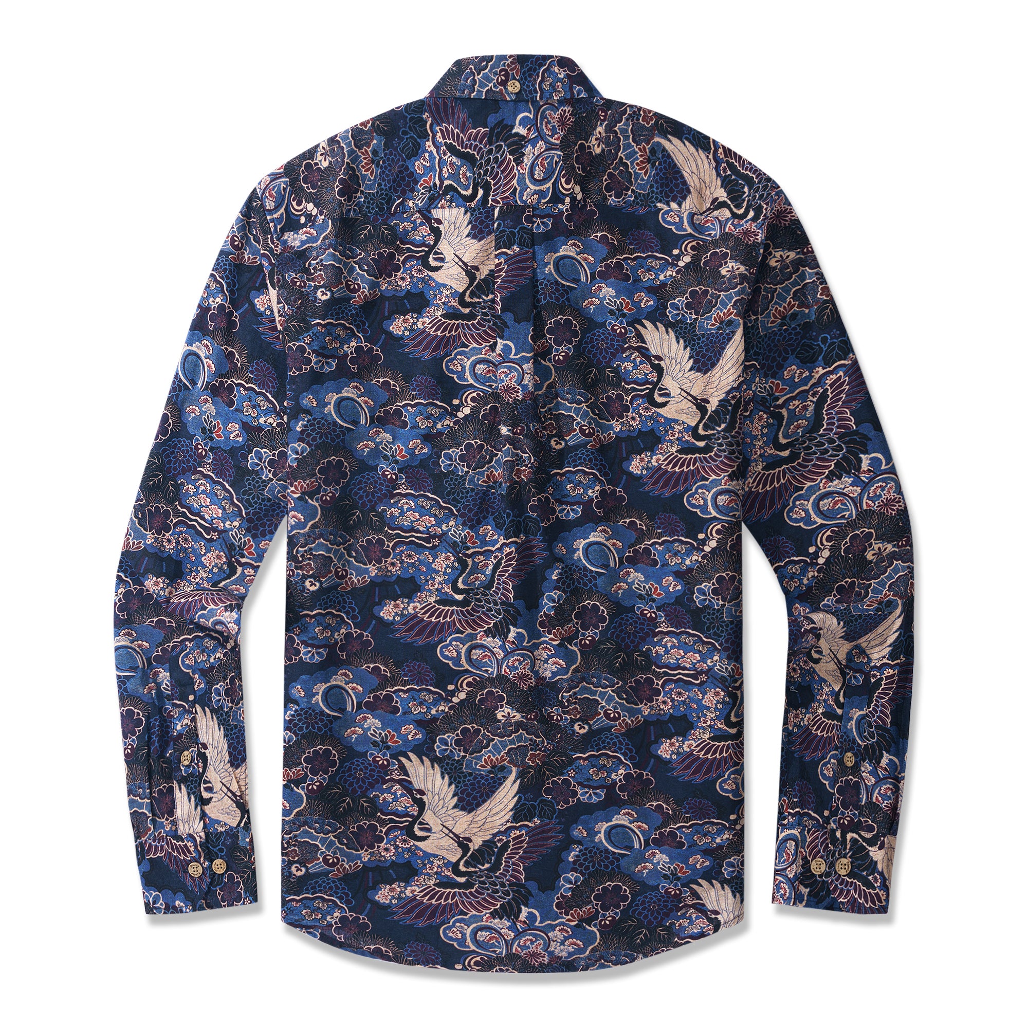 Midnight Blue Crane Reverie 100% Cotton Men's Aloha Hawaiian Long Sleeve Button-down Shirt