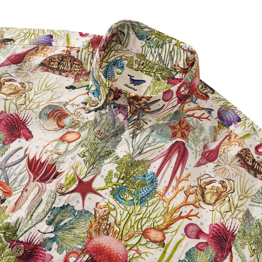 Men's Hawaiian Shirt Short Sleeve Button-down 100% Cotton Beige Aloha Ocean Reverie