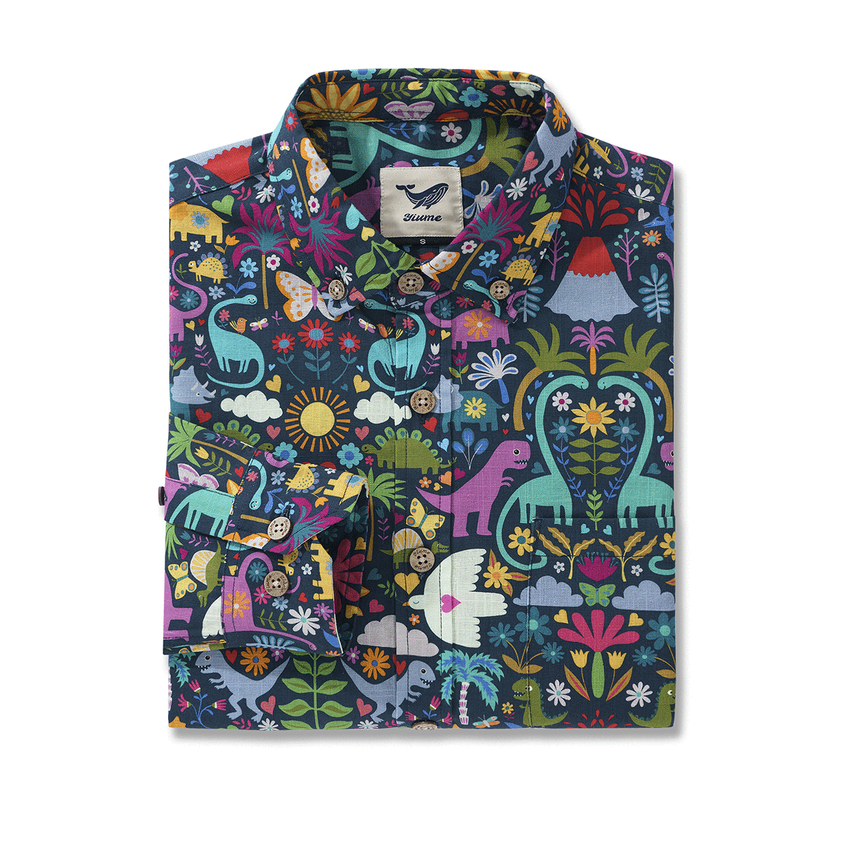 Peace Love and Dinosaurs By Cecca Designs 100% Cotton Men's Aloha Hawaiian Long Sleeve Button-down Shirt