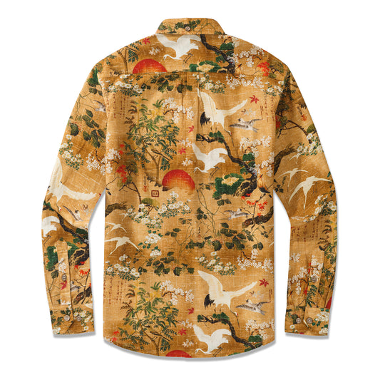 Hawaiian Art-Inspired Landscape Painting Shirt 100% Cotton Men's Aloha Hawaiian Long Sleeve Button-down Shirt