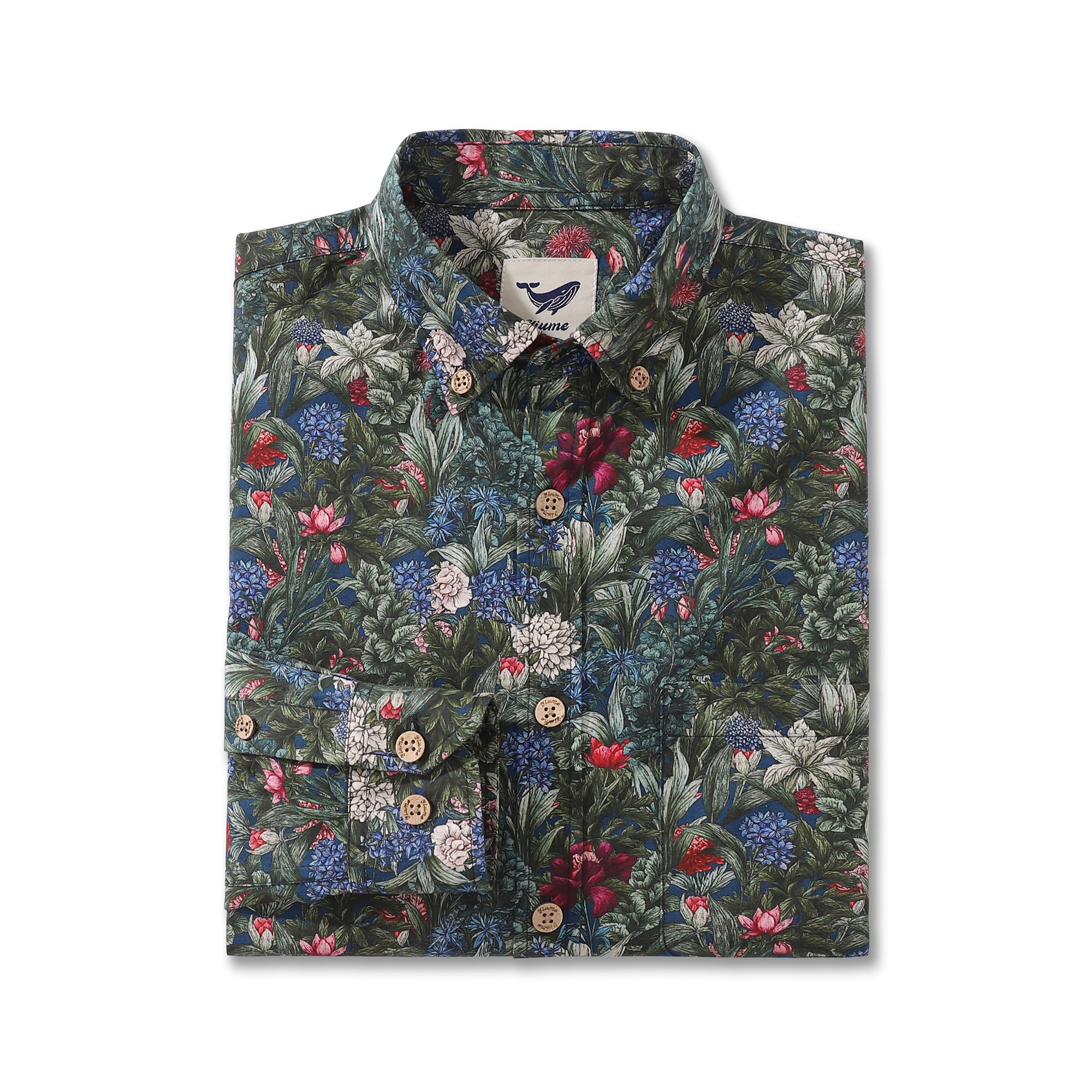 Camisa hawaiana para hombre Camisa Aloha de manga larga con botones de algodón de hortensias y rosas