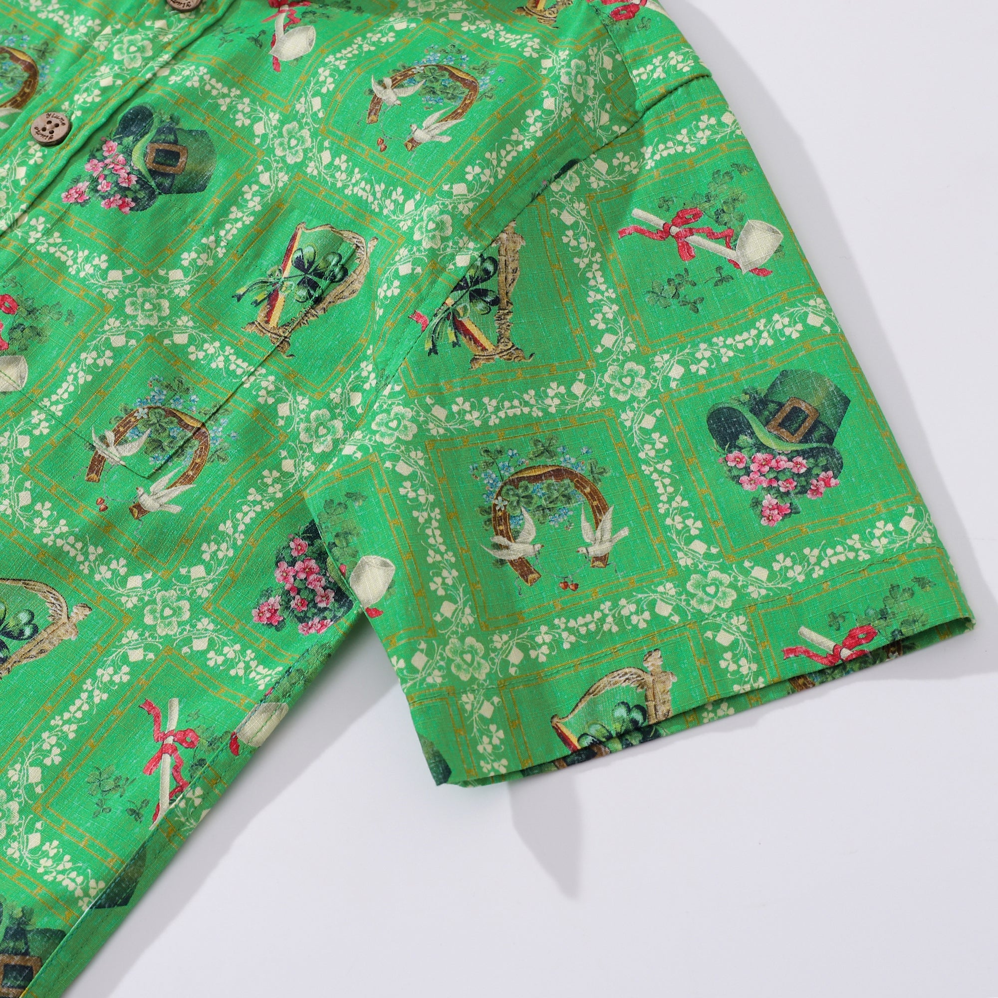 St. Patrick's Day Children's Hawaiian Shirt Green St. Patrick's Day Print Cotton Button-down Short Sleeve