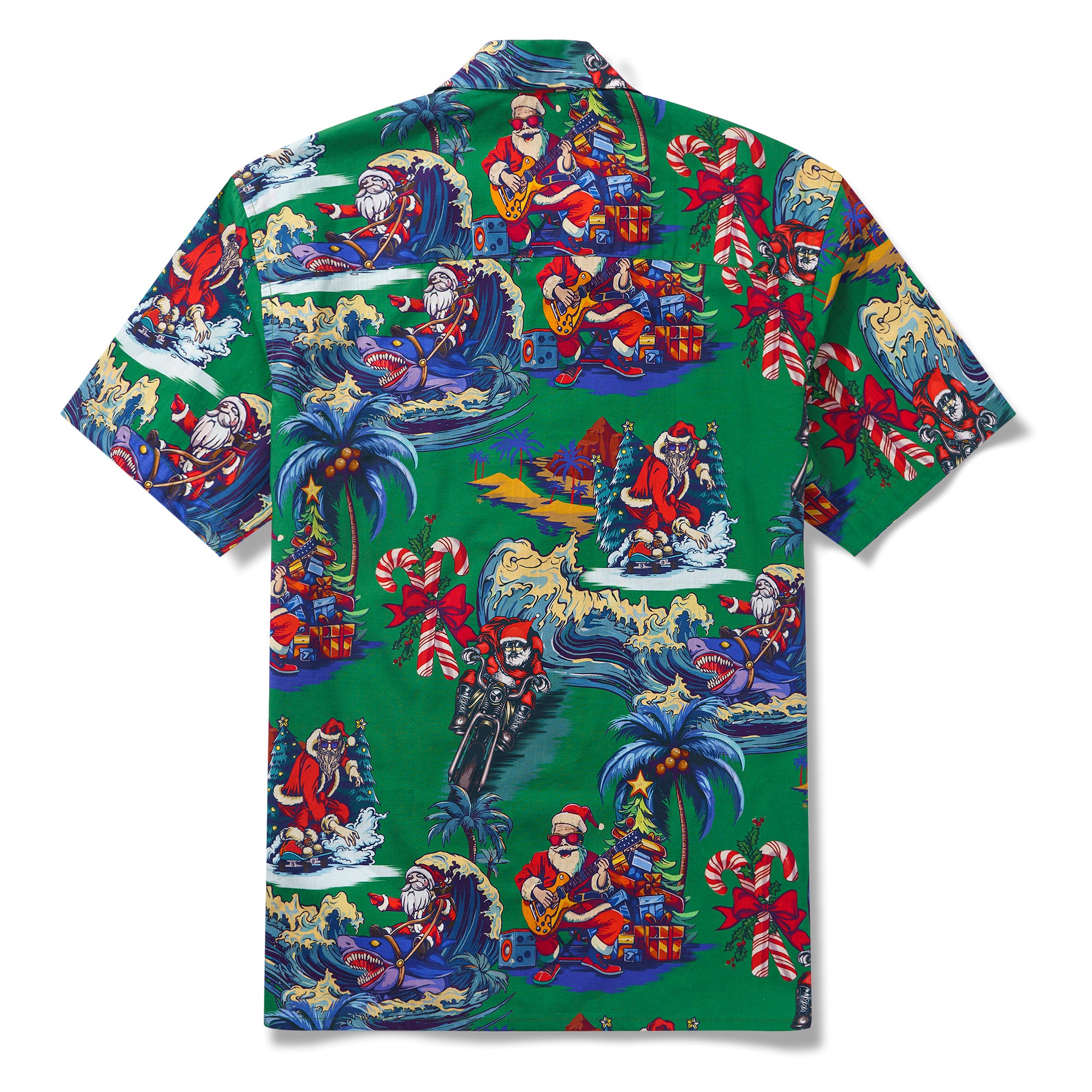 Christmas Santa Claus in Hawaii 100% Cotton Men's Aloha Hawaiian Short Sleeve Camp Collar Shirt