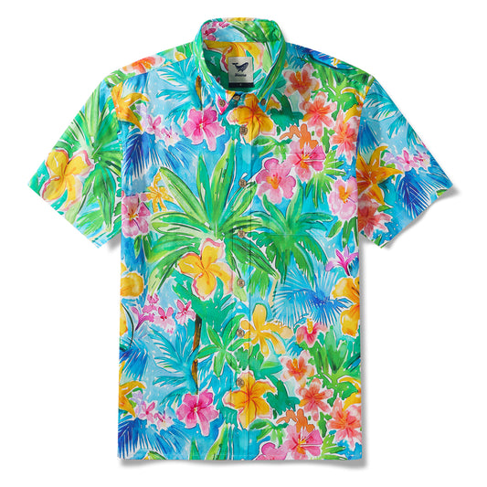 Get Ready for Vacation 100% Cotton Men's Short Sleeve Button-down Shirt Blue Aloha Hawaiian