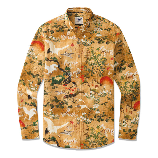 Hawaiian Art-Inspired Landscape Painting Shirt 100% Cotton Men's Aloha Hawaiian Long Sleeve Button-down Shirt