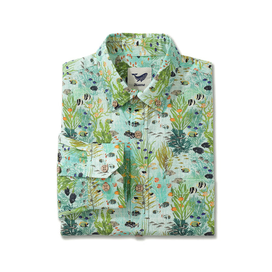 Men's Hawaiian Shirt The Coral Reef By Katherine Quinn Cotton Button-down Long Sleeve Aloha Shirt