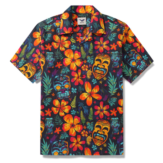 100% Cotton Hawaiian Shirt For Men Tiki Tribal Revelry Camp Collar Shirt